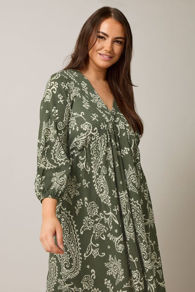 Evans Curve Khaki Green Paisley Print Crepe Midi Dress
