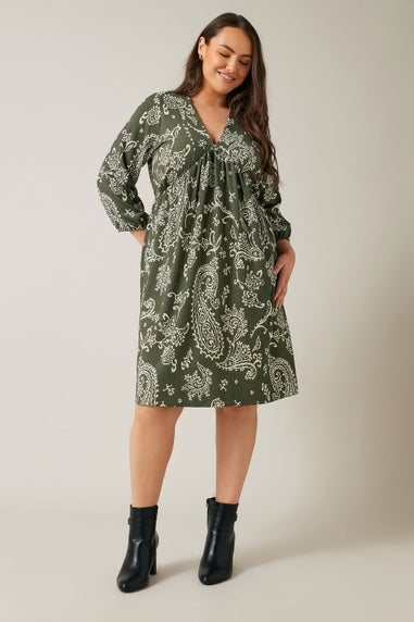 Evans Curve Khaki Green Paisley Print Crepe Midi Dress