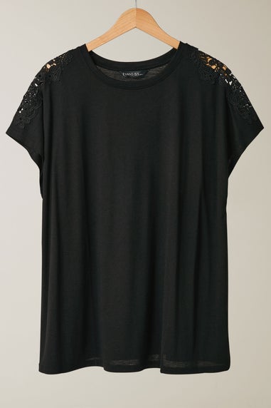 Evans Curve Black Crochet Shoulder Modal Rich T-Shirt