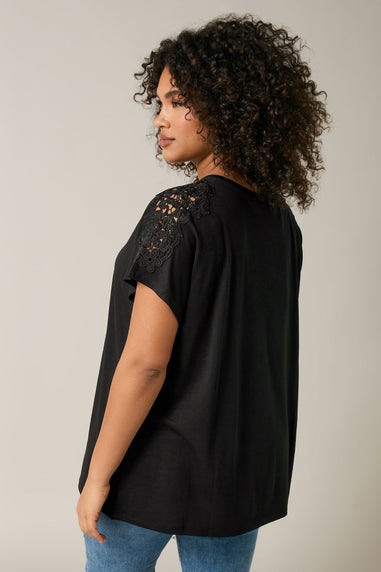 Evans Curve Black Crochet Shoulder Modal Rich T-Shirt