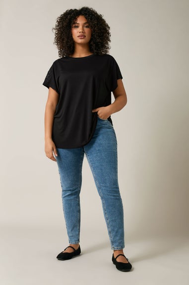 Evans Curve Black Crochet Shoulder Modal Rich T-Shirt