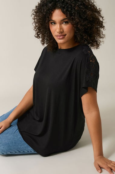 Evans Curve Black Crochet Shoulder Modal Rich T-Shirt