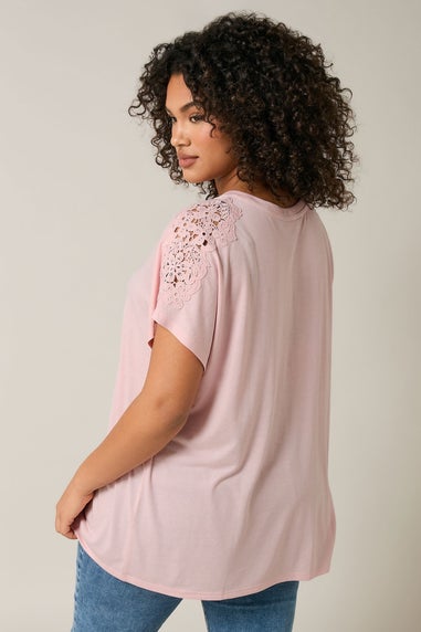 Evans Curve Pink Crochet Shoulder Modal Rich T-Shirt