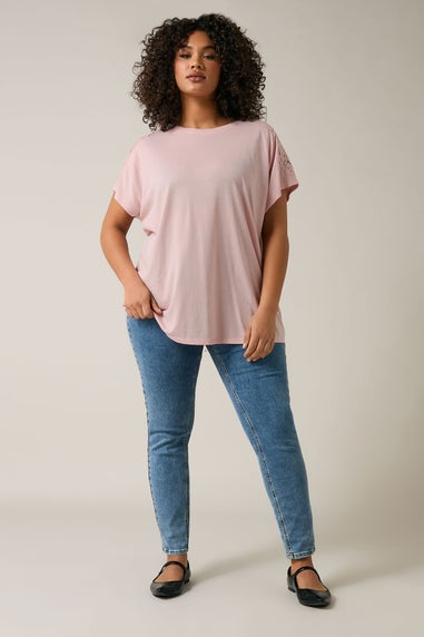 Evans Curve Pink Crochet Shoulder Modal Rich T-Shirt