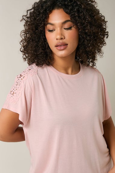 Evans Curve Pink Crochet Shoulder Modal Rich T-Shirt