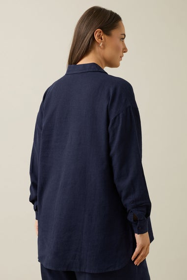 Evans Curve Navy Blue Long Sleeve Premium Linen Shirt