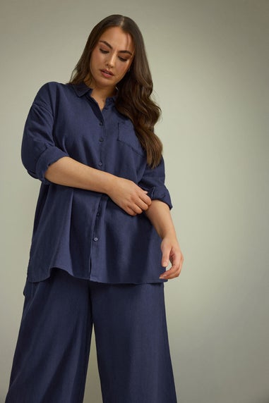 Evans Curve Navy Blue Long Sleeve Premium Linen Shirt