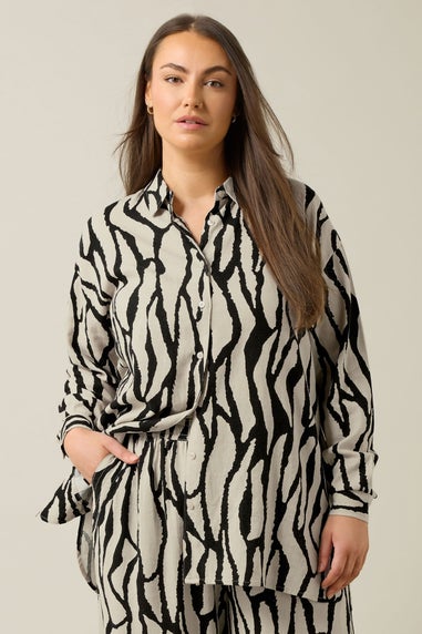Evans Curve Natural Brown Abstract Print Premium Linen Shirt