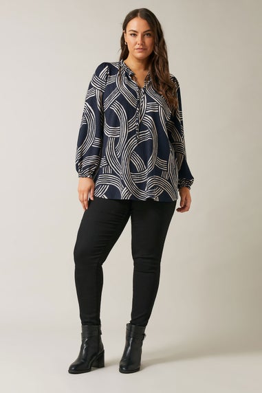 EVANS Curve Navy Blue Linear Print Jersey Crepe Blouse