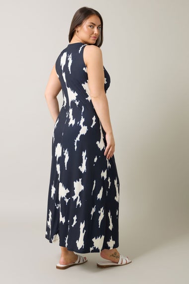 Evans Curve Navy Blue Abstract Print Knot Front Maxi Dress
