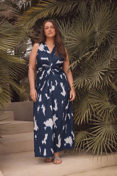 Evans Curve Navy Blue Abstract Print Knot Front Maxi Dress
