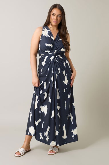 Evans Curve Navy Blue Abstract Print Knot Front Maxi Dress