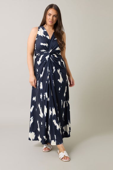 Evans Curve Navy Blue Abstract Print Knot Front Maxi Dress