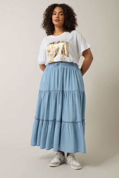 Evans Curve Light Blue Lyocell Denim Tiered Skirt