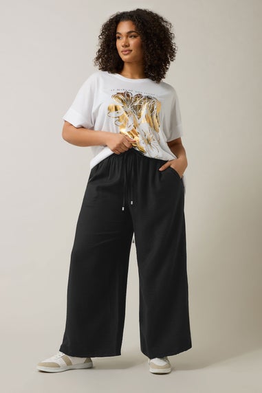 Evans Curve Black Elasticated Waist Wide Leg Trousers