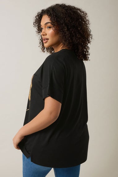 Evans Curve Black Metallic Floral Print Modal Rich T-Shirt
