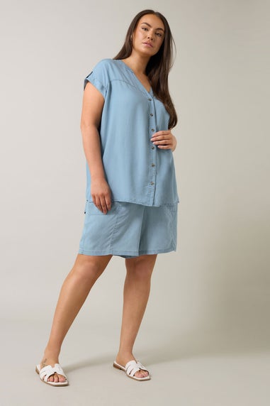 Evans Curve Light Blue Lyocell Short Sleeve Denim Shirt
