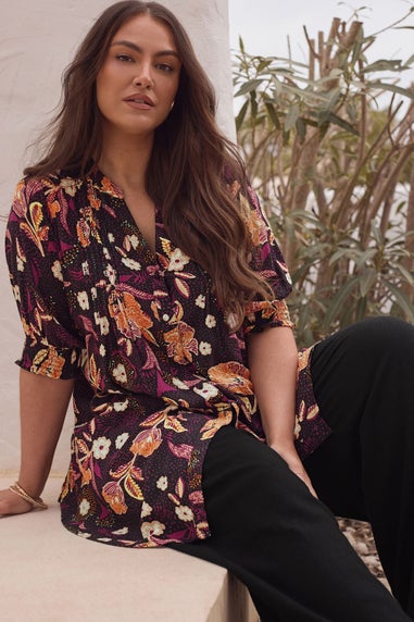 EVANS Curve Purple Floral Print Pintuck Blouse