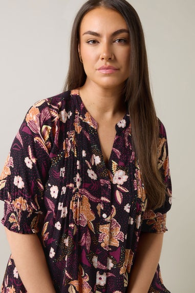 EVANS Curve Purple Floral Print Pintuck Blouse