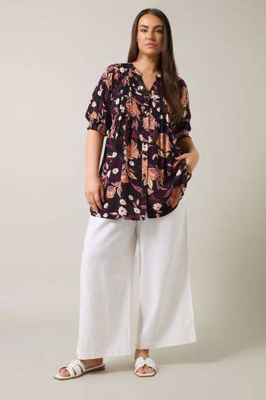 EVANS Curve Purple Floral Print Pintuck Blouse