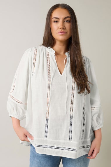 EVANS Curve White Crochet Trim Tie Neck Blouse