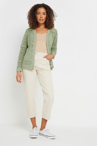 M&Co Sage Green Cotton Open Front Crochet Cardigan