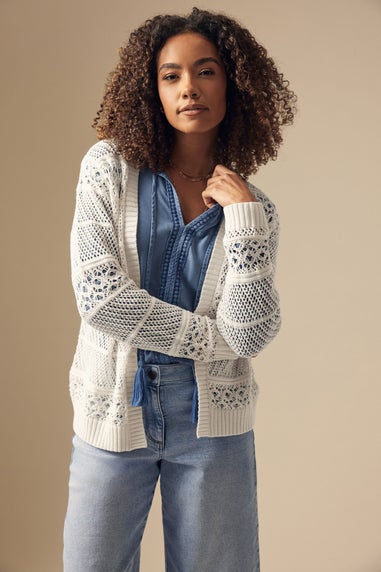 M&Co Cream Cotton Open Front Crochet Cardigan
