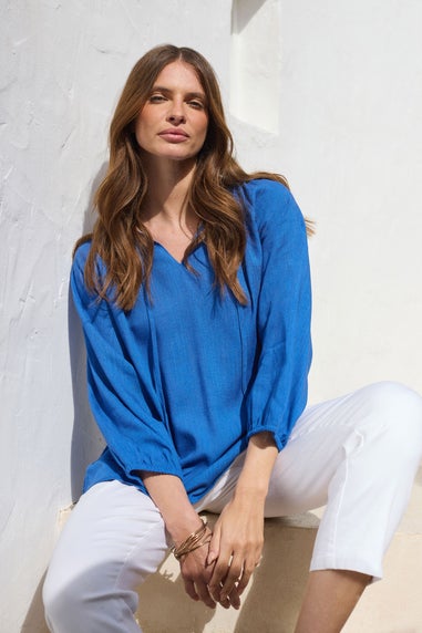 M&Co Blue Tie Neck Linen Blouse