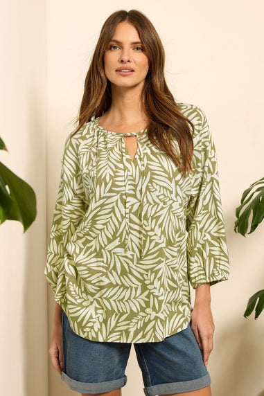 M&Co Green Leaf Print Tie Neck Linen Blouse