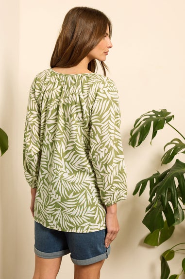 M&Co Green Leaf Print Tie Neck Linen Blouse