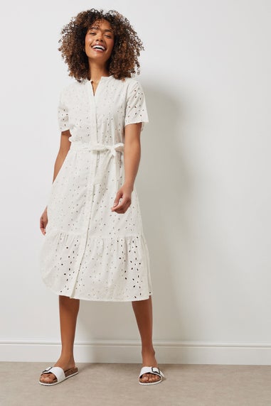 M&Co White Cotton Broderie Button Through Dress