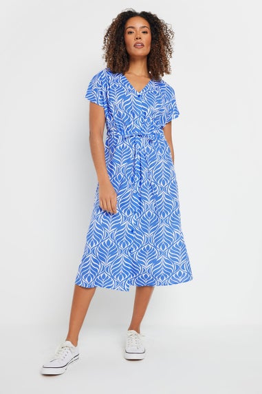 M&Co Blue Leaf Print Tie Waist Dress