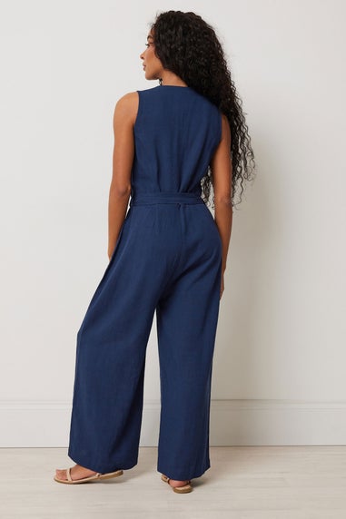 M&Co Petite Navy Blue Tie Waist Linen Jumpsuit