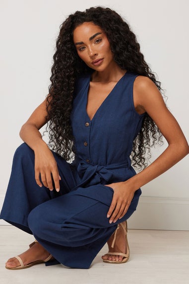 M&Co Petite Navy Blue Tie Waist Linen Jumpsuit
