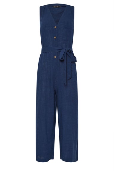 M&Co Petite Navy Blue Tie Waist Linen Jumpsuit