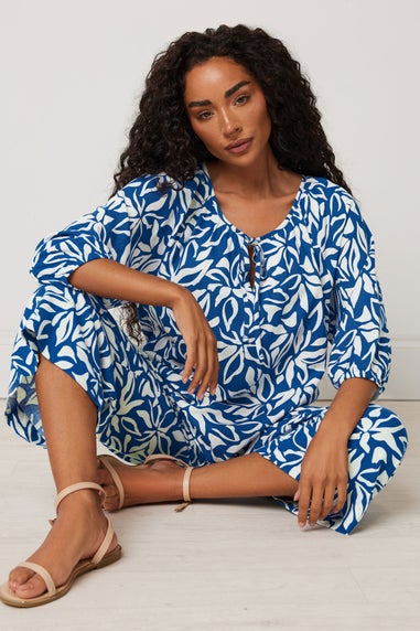 M&Co Petite Blue Leaf Print Tie Neck Linen Blouse