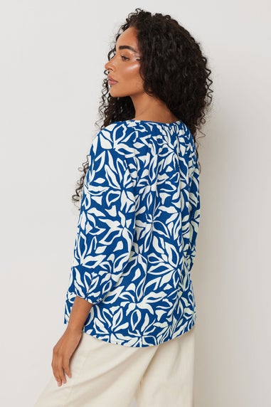 M&Co Petite Blue Leaf Print Tie Neck Linen Blouse