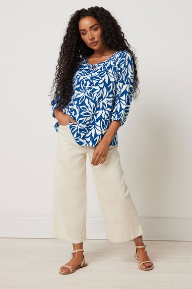 M&Co Petite Blue Leaf Print Tie Neck Linen Blouse
