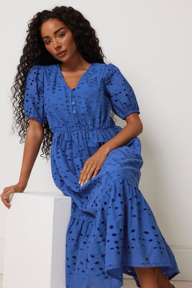 M&Co Petite Blue Cotton Broderie Tiered Dress