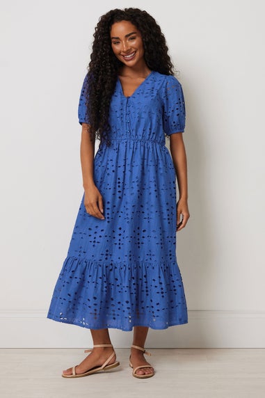 M&Co Petite Blue Cotton Broderie Tiered Dress