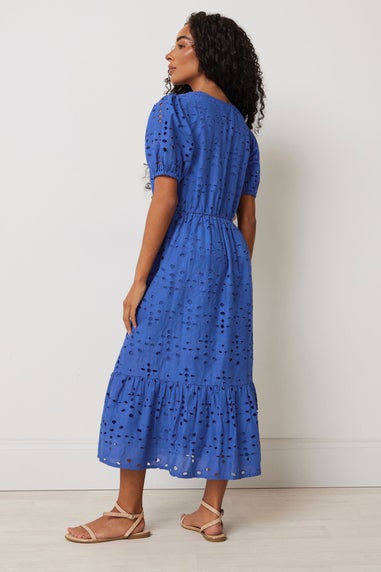 M&Co Petite Blue Cotton Broderie Tiered Dress