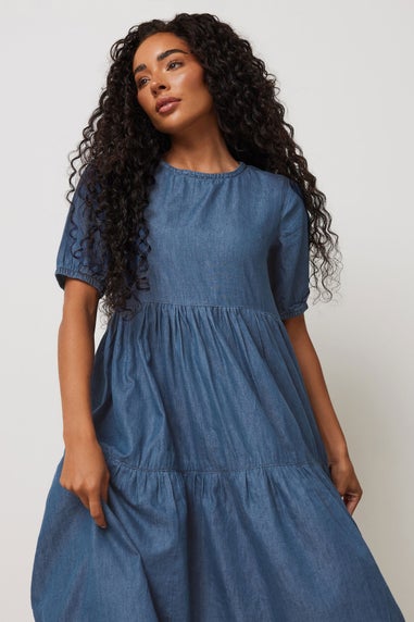 M&Co Petite Blue Denim Tiered Dress