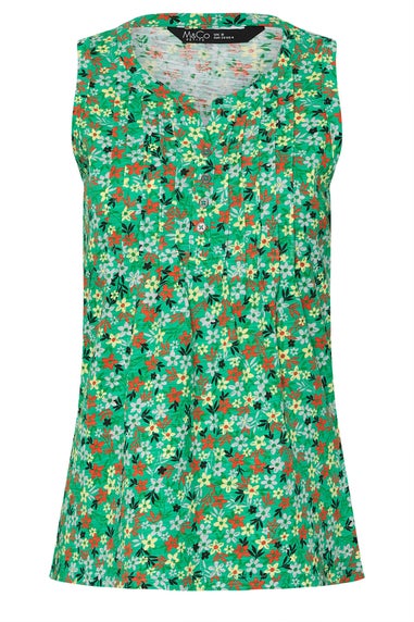 M&Co Petite Green Cotton Floral Print Sleeveless Henley Top