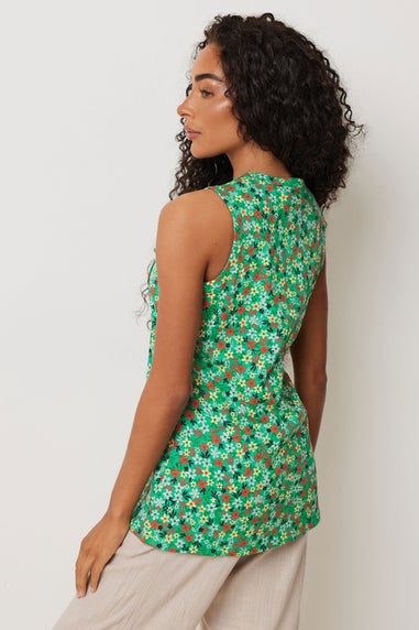 M&Co Petite Green Cotton Floral Print Sleeveless Henley Top