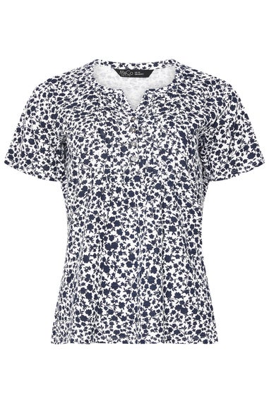M&Co Petite Navy Blue Floral Cotton Short Sleeve Henley Top