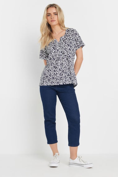 M&Co Petite Navy Blue Floral Cotton Short Sleeve Henley Top