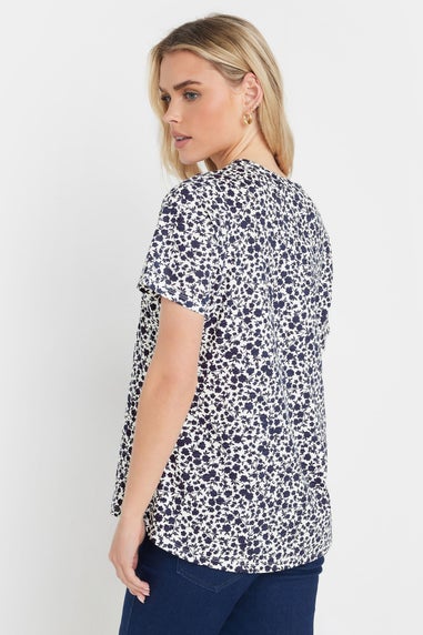 M&Co Petite Navy Blue Floral Cotton Short Sleeve Henley Top