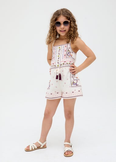 Raffya Kids White Sailor Necktie All Over Embroidered Playsuit (3-9 Years)