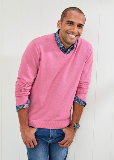 Cotton Traders Rose Pink Cotton V-Neck Jumper