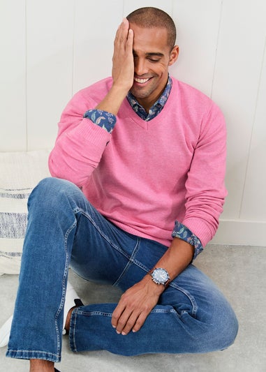 Cotton Traders Rose Pink Cotton V-Neck Jumper